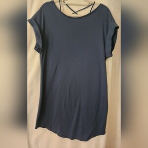 H HALSTON STUDIO Blue Crossover Neck Shift Cotton Tee T-Shirt Mini Dress